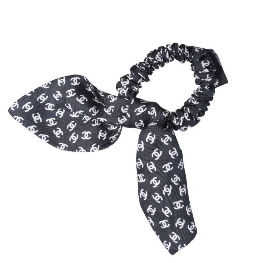 CHANEL 23P AA8925B10402 CC Logo Print Silk Ribbon Scrunchie