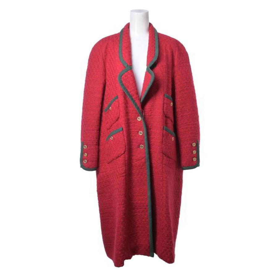 CHANEL Vintage Tweed CC Button Piped Long Chester Coat