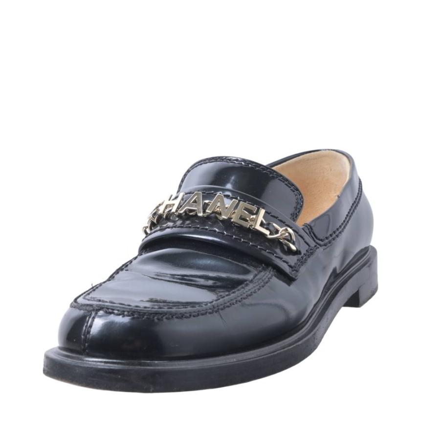 CHANEL Chain Logo Patent Leather Loafers, Size 36.5, Black
