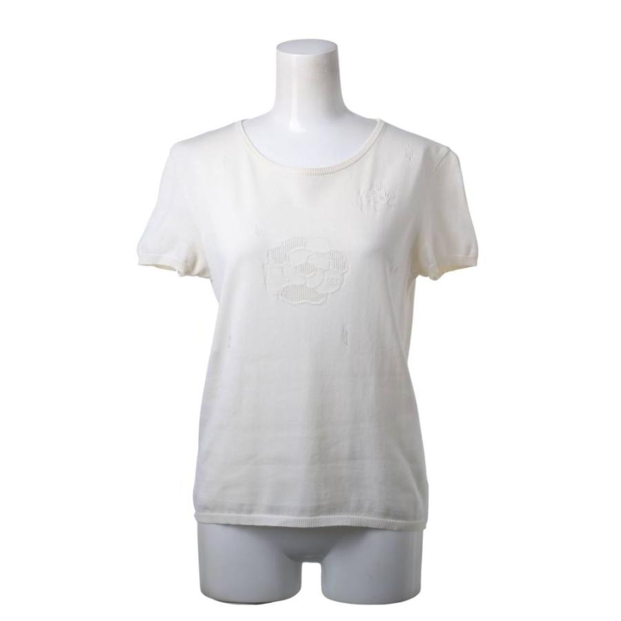 Excellent Condition CHANEL P22962V01533 Camellia Jacquard Cotton Short-Sleeve Knit Top