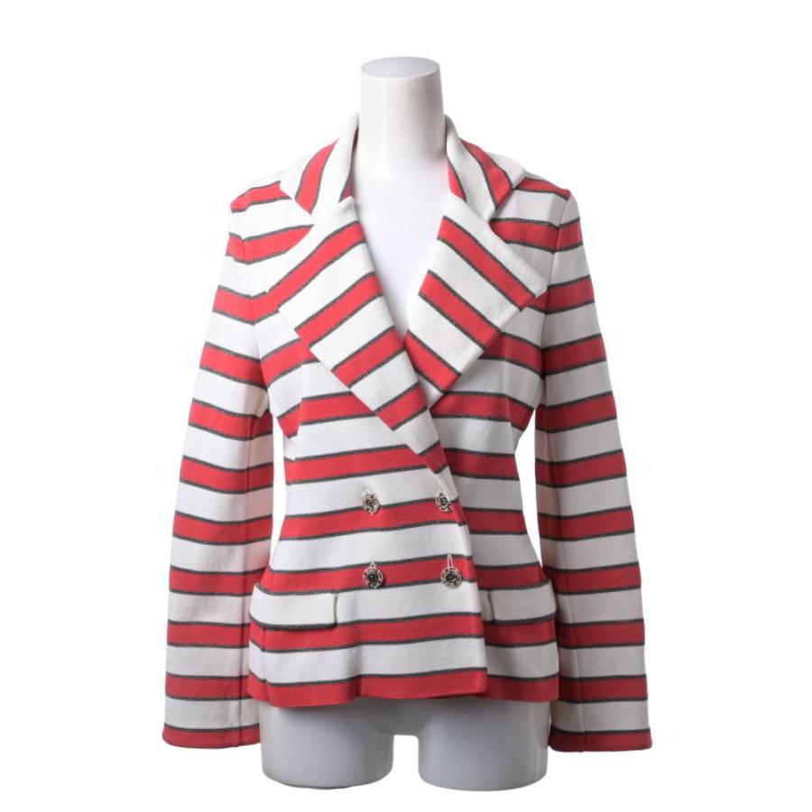 CHANEL 08P Striped Double-Breasted Knit Jacket with Coco Buttons