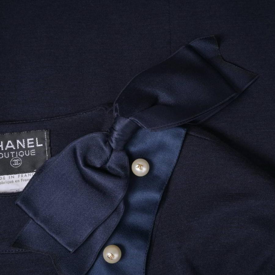 Excellent Condition CHANEL Vintage Coco Mark Dress with Faux Pearl Buttons and Asymmetrical Ribbon Detail