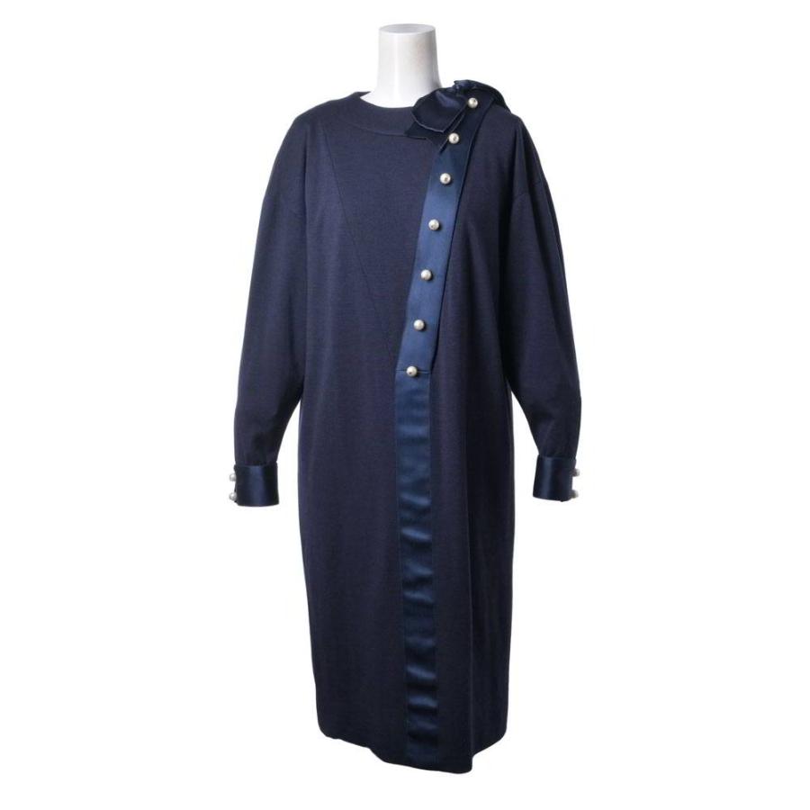 Excellent Condition CHANEL Vintage Coco Mark Dress with Faux Pearl Buttons and Asymmetrical Ribbon Detail