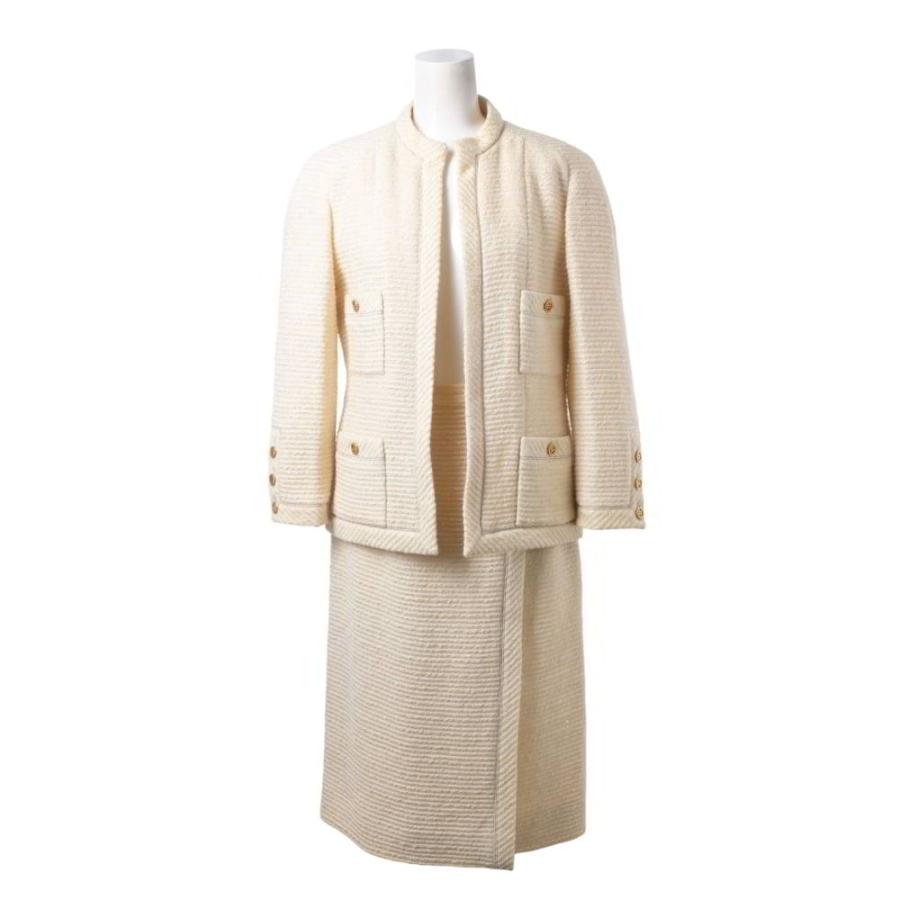 CHANEL Vintage Metallic Tweed Two-Piece Set — Jacket and Skirt with 10 Coco Mark Buttons